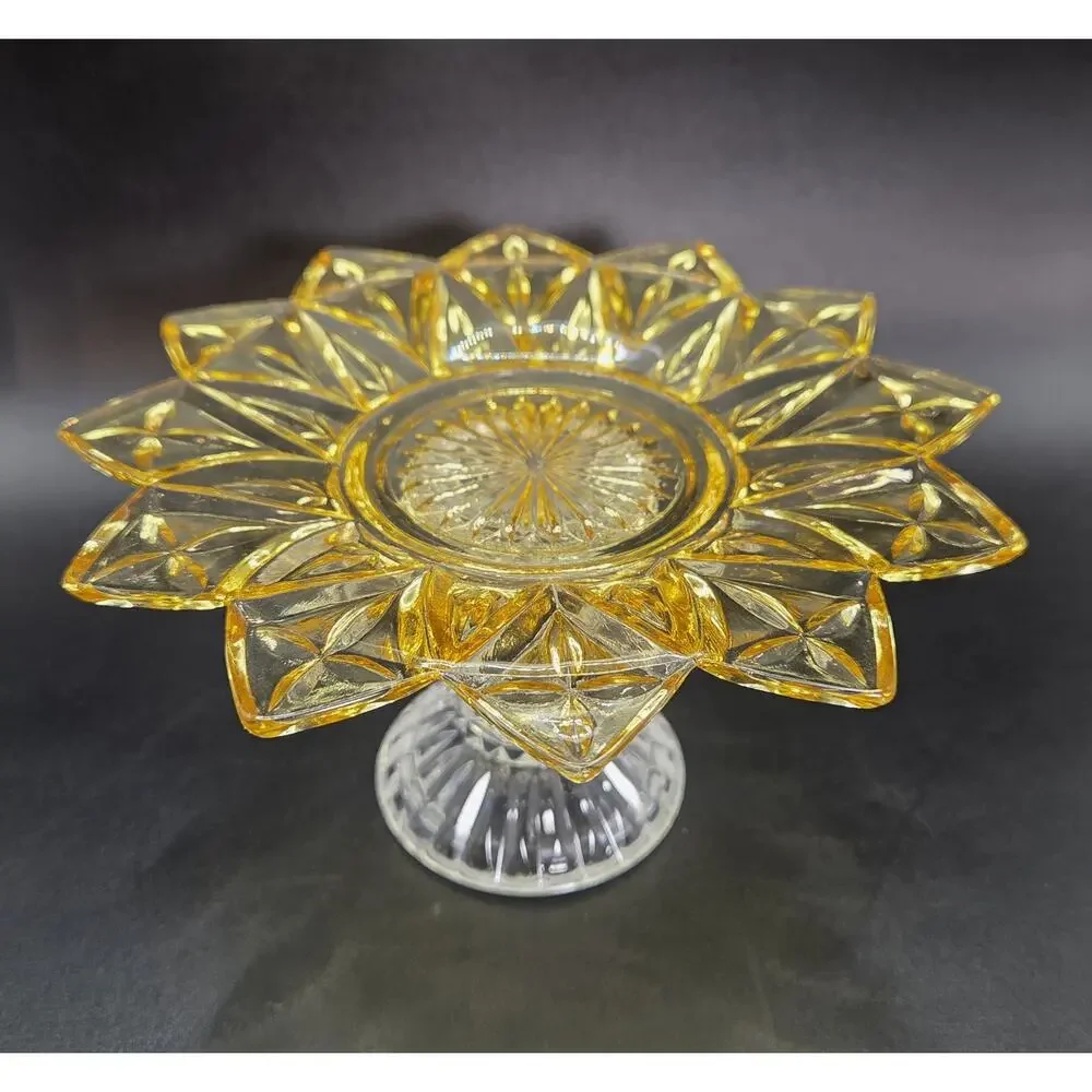 Federal Glass Pedestal Plate Petal Yellow Sunburst USA Vintage